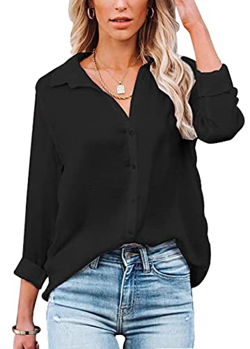 Baynetin Damen Bluse-Kurzarm/Langarm-V-Ausschnitt-Elegante Button down-Oberteile Casual Business Arbeit Tops Langarmshirt Kurzarmshirt (Schwarz, XL) von Baynetin