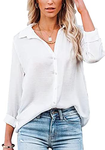 Baynetin Damen Bluse-Kurzarm/Langarm-V-Ausschnitt-Elegante Button down-Oberteile Casual Business Arbeit Tops Langarmshirt Kurzarmshirt (Weiß, M) von Baynetin