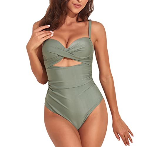 Baynetin Damen Einteiliger Badeanzug Schlankheits Bademode V-Ausschnitt, Raffung Bauchweg Cut Out Einteilige Strandmode Swimsuit (Armeegrün, L) von Baynetin