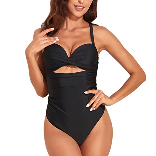 Baynetin Damen Einteiliger Badeanzug Schlankheits Bademode V-Ausschnitt, Raffung Bauchweg Cut Out Einteilige Strandmode Swimsuit (Schwarz, L) von Baynetin