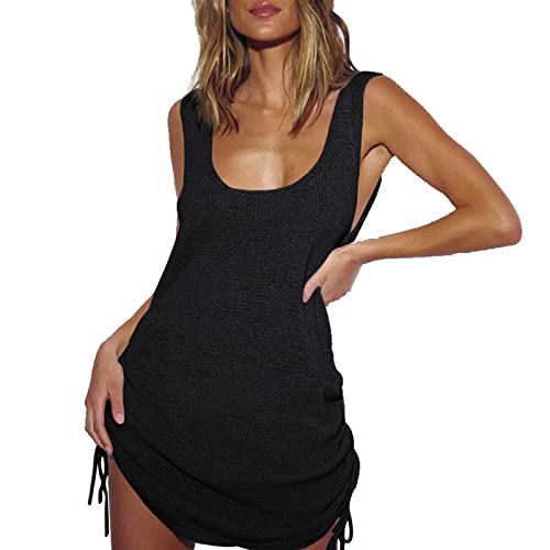 Baynetin Damen Häkelkleid Cover Ups Strandkleid Bikini Sexy Coverups Strandponcho Badeanzug Bedecken Sommer U-Ausschnitt Strand Tank Kleid mit Kordelzug (Schwarz) von Baynetin