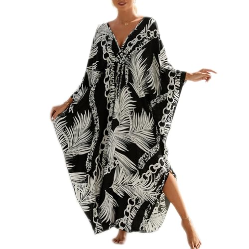 Baynetin Damen Kaftan, Maxi Lange Strandkleid Boho Strandponcho Caftan Beachwear Druck Lose Nachtwäsche Bikini Cover-Up Einheitsgröße (Blatt) von Baynetin