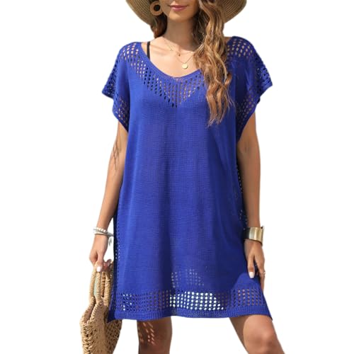 Baynetin Damen Strandkleid Bikini Cover Up, Sommer Gestrickte Strandponcho Strandurlaub Badeanzug V-Ausschnitt Sexy Beachwear Cutout Crochet Cover Ups (Blau) von Baynetin