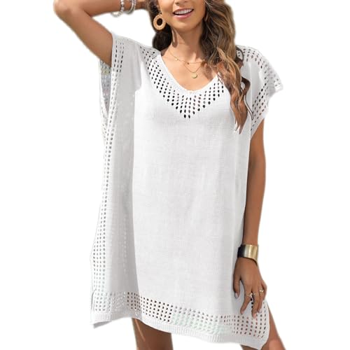 Baynetin Damen Strandkleid Bikini Cover Up, Sommer Gestrickte Strandponcho Strandurlaub Badeanzug V-Ausschnitt Sexy Beachwear Cutout Crochet Cover Ups (Weiß) von Baynetin