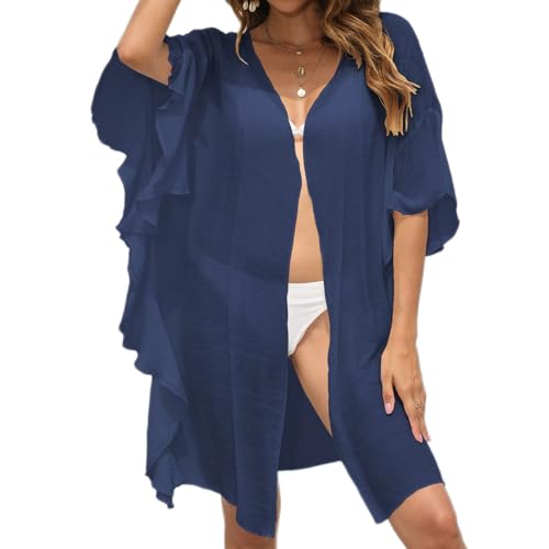 Baynetin Damen Strandkleid Bikini Cover Up Einteilig, Gerüschte Strickjacke, Tiefer V-Ausschnitt Sexy Cardigan Beachwear Cover Ups Sommer Beach Kleid (Dunkelblau) von Baynetin