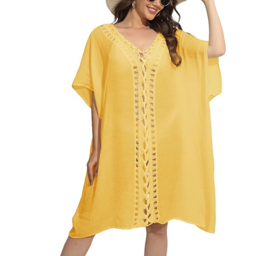 Baynetin Damen Strandkleid Bikini Cover Up Einteilig,V-Ausschnitt Sommer Strandurlaub Cutout Strandponcho Strandurlaub Badeanzug Beachwear (Gelb) von Baynetin