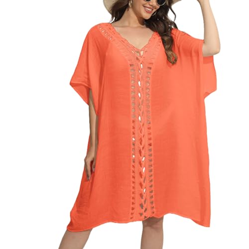 Baynetin Damen Strandkleid Bikini Cover Up Einteilig,V-Ausschnitt Sommer Strandurlaub Cutout Strandponcho Strandurlaub Badeanzug Beachwear (Orange) von Baynetin