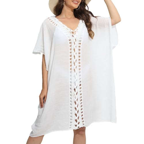 Baynetin Damen Strandkleid Bikini Cover Up Einteilig,V-Ausschnitt Sommer Strandurlaub Cutout Strandponcho Strandurlaub Badeanzug Beachwear (Weiß) von Baynetin