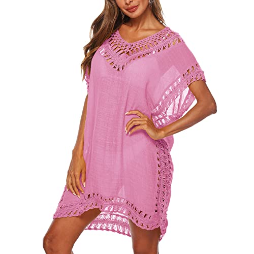 Baynetin Damen Strandkleid Bikini Cover Up Sommer Strandponcho Strandurlaub Badeanzug V-Ausschnitt Beachwear Bikini Cover-Ups (Rosa) von Baynetin