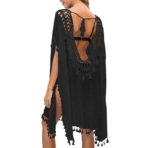 Baynetin Damen Strandkleid Bikini Cover Up Sommer Strandponcho Strandurlaub Badeanzug V-Ausschnitt Beachwear Bikini Cover-Ups (Schwarz) von Baynetin