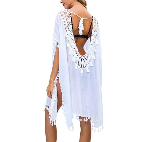 Baynetin Damen Strandkleid Bikini Cover Up Sommer Strandponcho Strandurlaub Badeanzug V-Ausschnitt Beachwear Bikini Cover-Ups (Weiß) von Baynetin