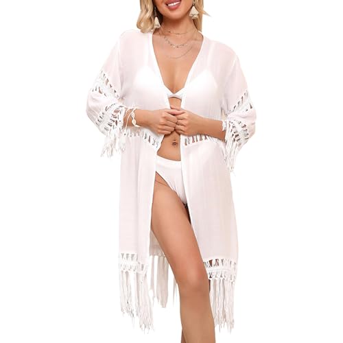 Baynetin Damen Strandkleid Einteiliger Strickjacke Top Bikini Cover Up Badeanzug Bedecken Sommer Beach Kleid Quaste vorne offen Ausgehöhlt Lockere Freizeit Resort (Weiß, S) von Baynetin