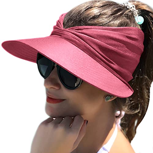 Baynetin Damen Visor Sonnenhut mit Großer Krempe, UV Protection Strand Sportmütze Strandhut Sommerhut,Sonnenvisorhüte für Frauen und Damen UV-Schutz (Rosenrot) von Baynetin