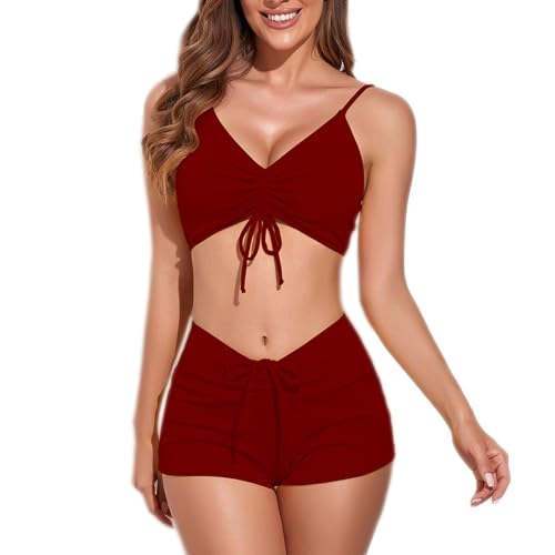 Baynetin Damen Zweiteiliger Bikini Set Ties-up V Ausschnitt Bademode Badeanzug Bikinio Mode High Waist Verstellbar Sport Sexy Bauchkontroll Beachwear Swimwear Strandkleidung (Rotwein, L) von Baynetin