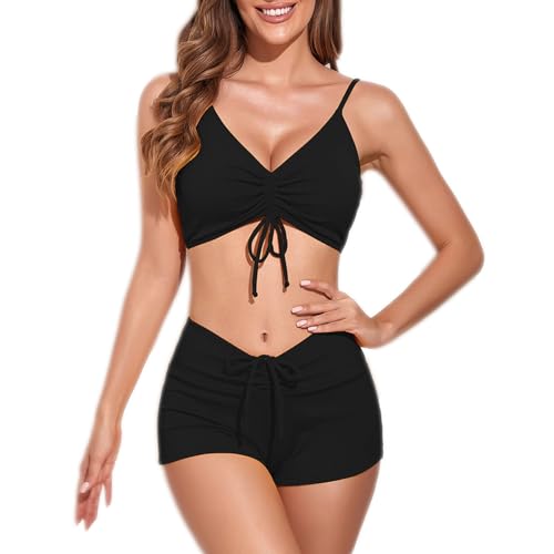 Baynetin Damen Zweiteiliger Bikini Set Ties-up V Ausschnitt Bademode Badeanzug Bikinio Mode High Waist Verstellbar Sport Sexy Bauchkontroll Beachwear Swimwear Strandkleidung (Schwarz, S) von Baynetin