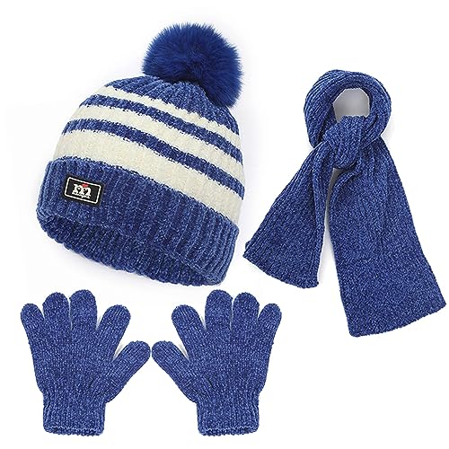 Baynetin Kinder Pom Mütze Schal Handschuhe Set,Warme Streifen Beanie Wintermütze Lange Schal und Handschuhe Set für 2-8 Jahre Jungen Mädchen Winter Accessoires Sets Outdoor Sport (Blau) von Baynetin