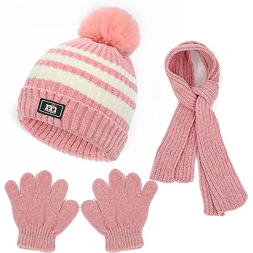 Baynetin Kinder Pom Mütze Schal Handschuhe Set,Warme Streifen Beanie Wintermütze Lange Schal und Handschuhe Set für 2-8 Jahre Jungen Mädchen Winter Accessoires Sets Outdoor Sport (Rosa) von Baynetin