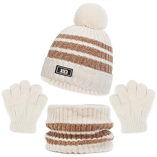 Baynetin Kinder Pom Mütze Schal Handschuhe Set,Warme Streifen Beanie Wintermütze Runder Schal und Handschuhe Set für 2-8 Jahre Jungen Mädchen Winter Accessoires Sets Outdoor Sport (Beige) von Baynetin