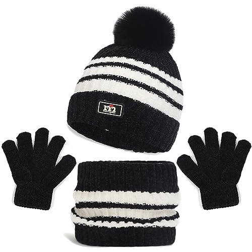 Baynetin Kinder Pom Mütze Schal Handschuhe Set,Warme Streifen Beanie Wintermütze Runder Schal und Handschuhe Set für 2-8 Jahre Jungen Mädchen Winter Accessoires Sets Outdoor Sport (Schwarz) von Baynetin