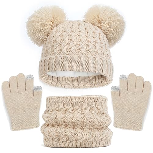 Baynetin Kinder Wintermütze Schal Handschuhe Mädchen Set,Winter Beanie Hut, Schal, Handschuhe Set, Warme Beanie Hut Jungen Touchscreen Handschuhe Runder Schal für Kinder 2-8 Jahre (Beige) von Baynetin