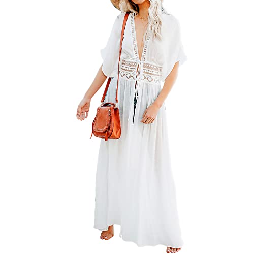 Baynetin Long Beach Kleid für Frauen,Damen Sommer Bikini Maxi Strandkleid Boho Kimono Lang Strand Cardigan Beachwear,Spitze Häkeln Front Offen Bikini Cover up (Weiß, Einheitsgröße) von Baynetin