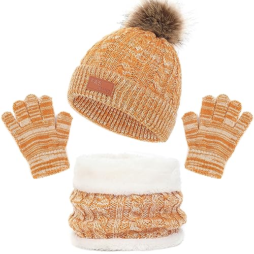 Baynetin Winter Beanie Mütze, Schal, Handschuhe Set 3in1,Kinder Wintermütze Schal Handschuhe Mädchen Set, Baby Warme Beanie Hut Jungen Handschuhe Runder Schal Set für Kinder 2-8Jahre Alt (Gelb) von Baynetin