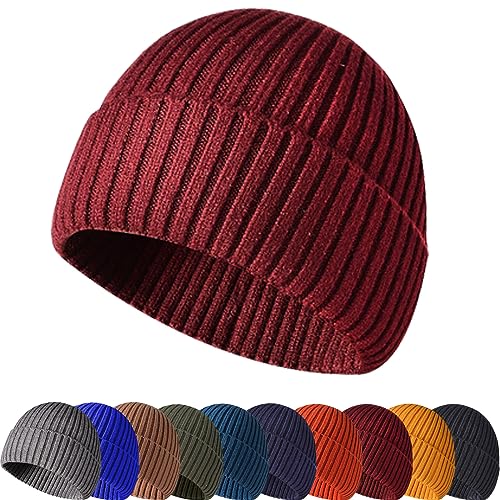 Baynetin Wintermütze Strickmütze, Weich, Warm, Stretch, Bequem, Atmungsaktiv Beanie Mütze Roll up Edge Cuffed Plain Schädeldecke Fisherman Hut Unisex (Rotwein) von Baynetin