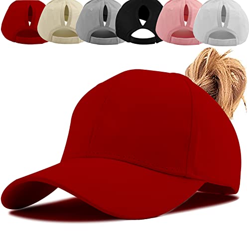 Damen Pferdeschwanz Kappe Baseball Cap Unisex Einstellbare Hohe Unordentliche Bun Ponycap Mit Zöpfen Loch Loop Unisex Herren (Rot) von Baynetin