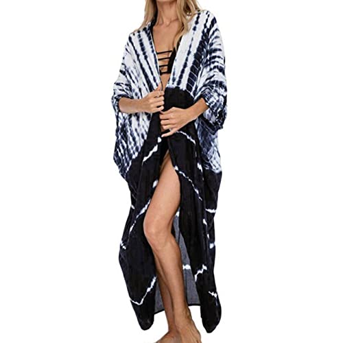 Long Beach Kleid für Frauen, Damen Lose Sommer Pareos, Maxi Strandkleid Boho Kimono Lang Strand Cardigan Beachwear, Front Offen Blumen Bluse Bikini Cover-Up Einheitsgröße (Marineweiß) von Baynetin