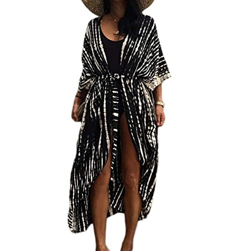 Long Beach Kleid für Frauen, Damen Lose Sommer Pareos, Maxi Strandkleid Boho Kimono Lang Strand Cardigan Beachwear, Front Offen Blumen Bluse Bikini Cover-Up Einheitsgröße (Schwarz) von Baynetin