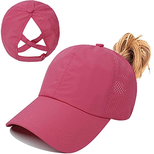 Pferdeschwanz Baseballkappe Damen Sommer Einstellbare Schnell trocknende Masche Atmungsaktiv Baseballmütze Unisex Criss Cross Hüte Sport Mütze (Rose Red) von Baynetin