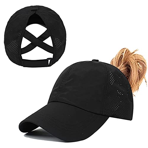 Pferdeschwanz Baseballkappe Damen Sommer Einstellbare Schnell trocknende Masche Atmungsaktiv Baseballmütze Unisex Criss Cross Hüte Sport Mütze (Schwarz) von Baynetin