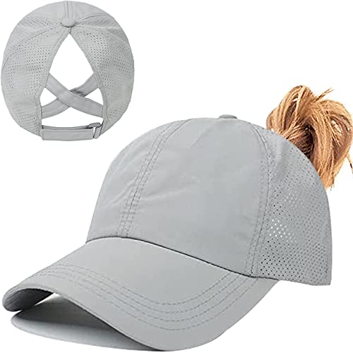 Pferdeschwanz Baseballkappe Damen Sommer Einstellbare Schnell trocknende Masche Atmungsaktiv Baseballmütze Unisex Criss Cross Hüte Sport Mütze (hellgrau) von Baynetin