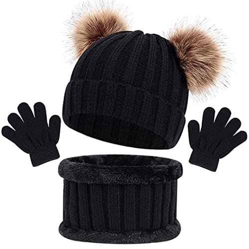 Winter Beanie Hut, Schal, Handschuhe Set, 3 Stück Mädchen Kinder Wintermütze Schal Handschuhe Set, Mütze Warme Beanie Hut Jungen Handschuhe Runder Schal Set für Kinder 1-6 Jahre Alt (Schwarz) von Baynetin