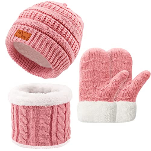 Winter Strickmütze Mütze Schal Handschuhe Set 3 in 1, Verdicken Thermisch Strickmütze Mütze, Schal, Touchscreen Handschuhe Sets, Winterzubehör-Sets Geschenke für Kinder im Freien (1-2Leder Rosa, S) von Baynetin