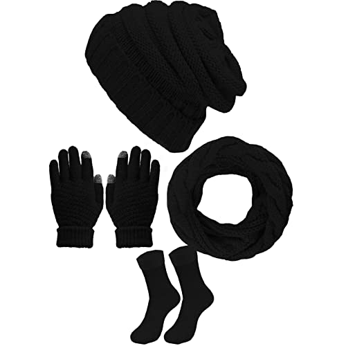 Wintermütze Touchscreen Handschuhe Schal Socken 4 Stück Damen Winter Ski Ausflug Set,Weiches Fleece Innenfutter Tolles,Stretchy Strick Beanie Cap, Elastischer Nackenwärmer,Verdickte Socken (Schwarz) von Baynetin