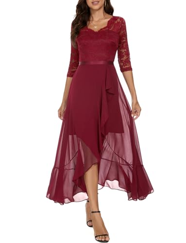 Bbonlinedress Abendkleider Langarm elegant Damen Winterkleid Spitze Chiffon V-Ausschnitt Brautjunferkleid Party Abschlusskleid Ballkleid festliches Weihnachtskleid Dark Red XL von Bbonlinedress