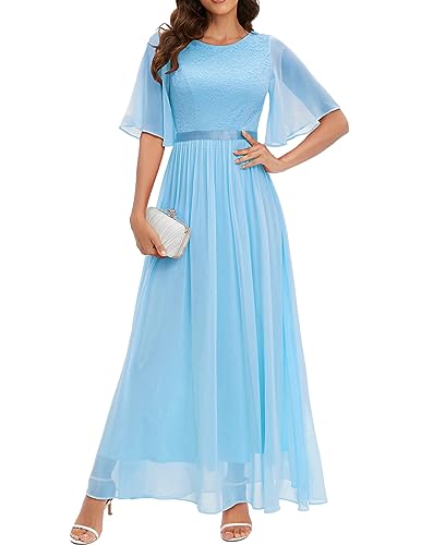 Bbonlinedress Abendkleider elegant für Hochzeit Spitzen Chiffon Ärmel Kleid festliches Brautjunferkleid Maxi Bridesmaid Dress Partykleid Abschlusskleid lang Ballkleid Blue L von Bbonlinedress