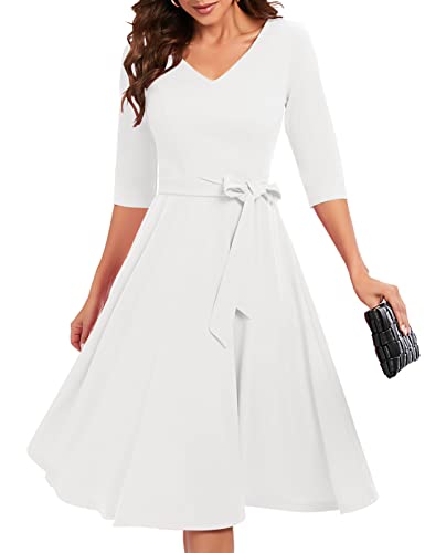 Bbonlinedress Cocktailkleid Damen 3/4 arm V-Ausschnitt Midi Elegante Kleider Langarm Festliche Kleider Vintage Cocktailkleid Rockabilly Kleider White L von Bbonlinedress