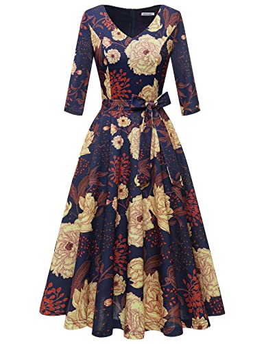 Bbonlinedress Damen Kleider elegant 3/4 arm V-Ausschnitt Midi Rockabilly Kleider Winter Abendkleid lang Festliche Kleider mit Taschen Navy Yellow Flower S von Bbonlinedress