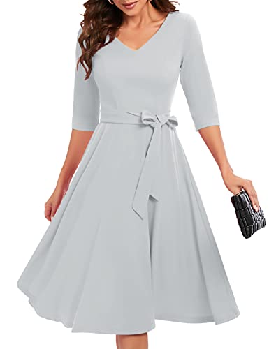 Bbonlinedress Damen Kleider elegant 3/4 arm V-Ausschnitt Midi Rockabilly Kleider Winter Abendkleid lang Festliche Kleider mit Taschen Silver S von Bbonlinedress