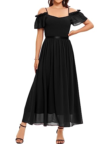 Bbonlinedress Festliches Kleid Damen Abendkleid lang elegant Cocktailkleid Sommer Schulterfreies Kleid Brautjungfernkleider Chiffon Hochzeitkleid Bridesmaid Dress Party schwarzes Kleid Black L von Bbonlinedress