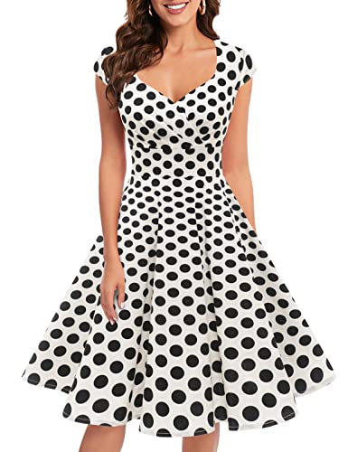 Bbonlinedress Kleid Damen Sommer Abendkleid Rockabilly Kleider Cocktailkleid Vintage Retro Rockabilly V-Ausschnitt Hochzeitskleid White Black BDot M von Bbonlinedress