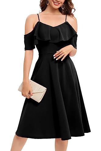 Bbonlinedress Kleid Damen Sommer Schulterfrei elegant Trägerkleid mit Rüschen Midilang festliches Party Cocktailkleid Casual Strandkleid Black 2XL von Bbonlinedress