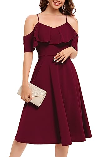 Bbonlinedress Kleid Damen Sommer Schulterfrei elegant Trägerkleid mit Rüschen Midilang festliches Party Cocktailkleid Casual Strandkleid Burgundy L von Bbonlinedress