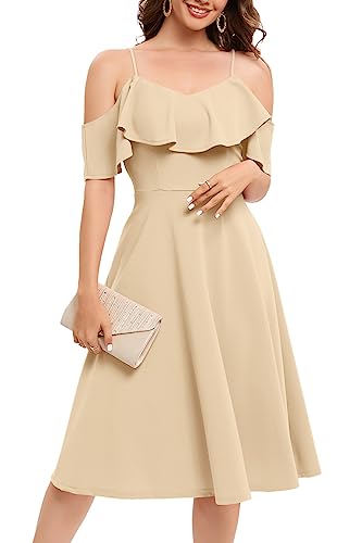 Bbonlinedress Kleid Damen Sommer Schulterfrei elegant Trägerkleid mit Rüschen Midilang festliches Party Cocktailkleid Casual Strandkleid Champagne XS von Bbonlinedress