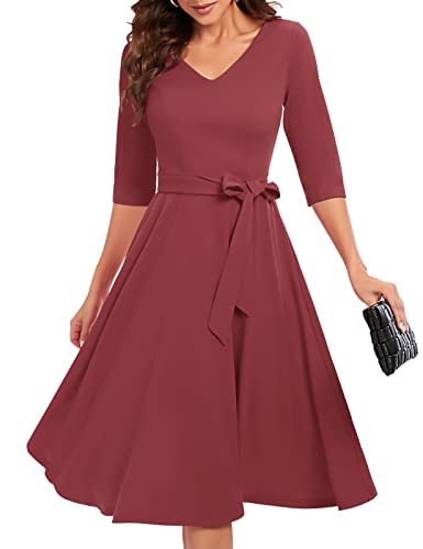 Bbonlinedress Kleider Damen festlich 3/4 arm V-Ausschnitt Midi Kleider Abendkleider elegant für Hochzeit Rockabilly Kleider mit Taschen Raspberry M von Bbonlinedress