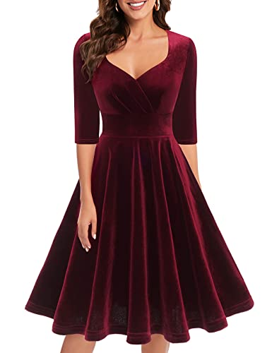 Bbonlinedress Weihnachtskleider Damen 3/4 arm V-Ausschnitt Kleider Knielang Festliche Samt Kleider elegant Winterkleid Cocktailkleid Burgundy XL von Bbonlinedress