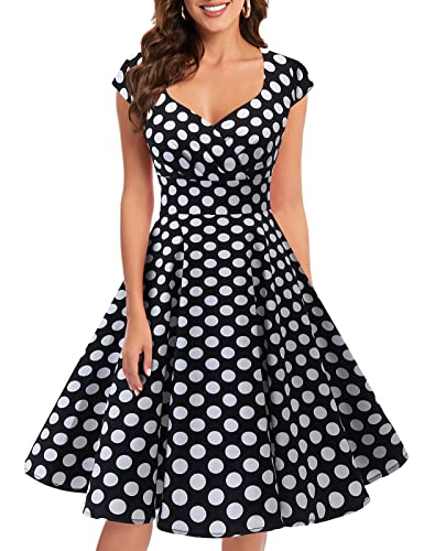 bbonlinedress 1950er Vintage Retro Cocktailkleid Rockabilly V-Ausschnitt Faltenrock Black White BDot M von Bbonlinedress