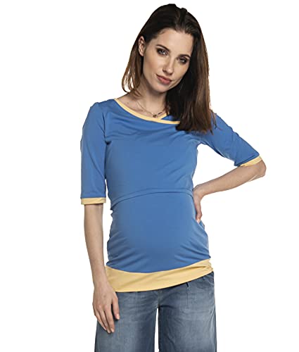 Umstandsshirt T-Shirt aus Baumwolle mit Stillfunktion, Modell: Monic, Kurzarm, blau-gelb, L von Be Mama - Maternity & Baby wear